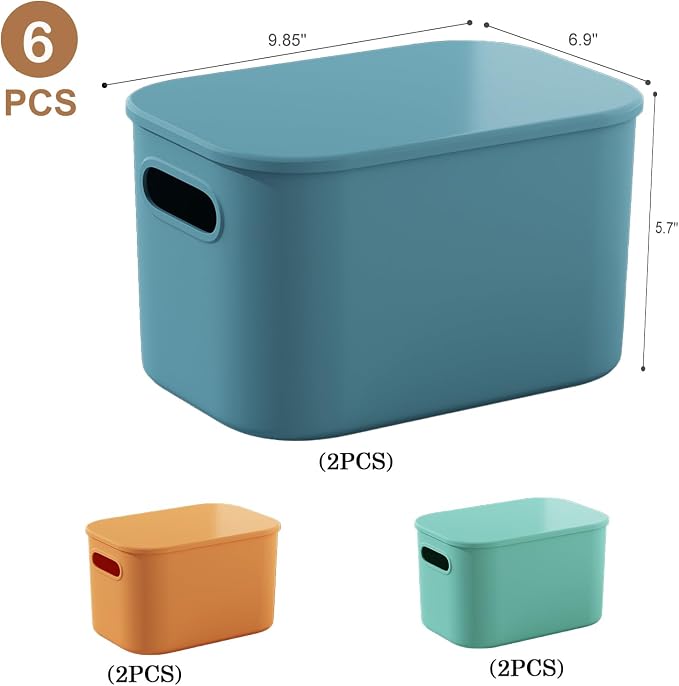 ORGIDOL 6 Pack Colorful Storage Bins with Lids Stackable Storage Container for Organizing, Storage Boxes with Handle for Shelves, Cute Storage Bin for Craft, Snacks, 9.85x6.9x5.7 inch - Image 6