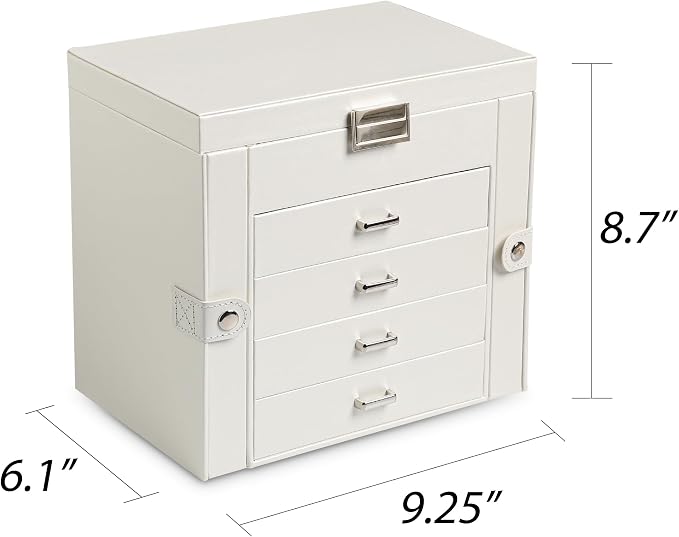 Frebeauty 5-layer Jewelry Box,Faux Leather Jewelry Organizer with 4 Drawers,Jewelry Organizers and Storage with Mirror,Jewelry Holder Organizer for Necklace,Jewerly Boxes for Women Girls(White) - Image 2
