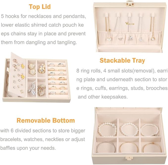Voova Jewelry Box Organizer for Women Girls, 2 Layer Large Men Jewelry Storage Case, PU Leather Display Jewellery Holder with Removable Tray for Necklace Earrings Rings Bracelets, Vintage Gift,Apricot - Image 2