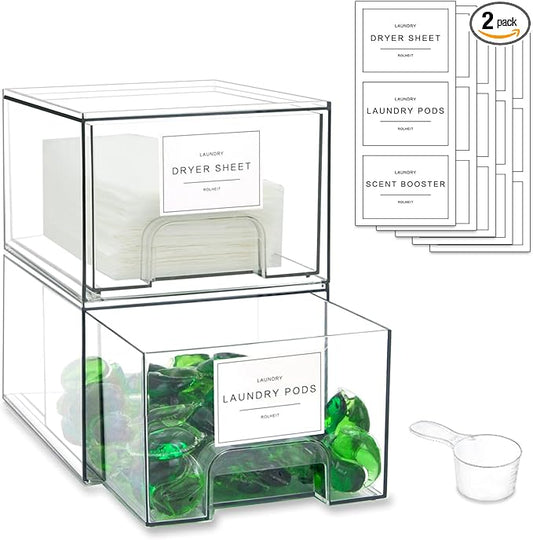 2 Pack Laundry Room Organization Storage Drawers with Labels, Clear Stackable Dryer Sheet Holder and Pod Containers, Detergent Dispenser for Laundry Room Organizing and Decor by Rolheit