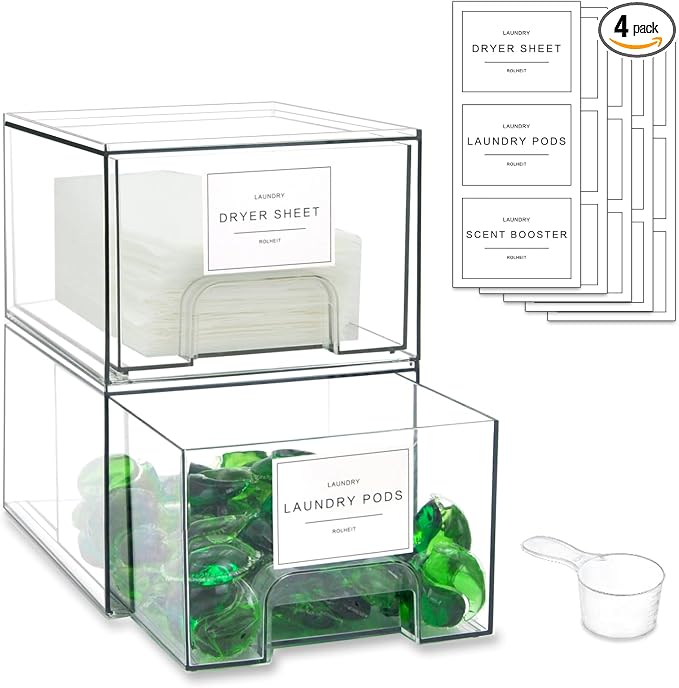 4 Pack Laundry Room Organization Storage Drawers with Labels, Clear Stackable Dryer Sheet Holder and Pod Containers, Detergent Dispenser for Laundry Room Organizing and Decor by Rolheit