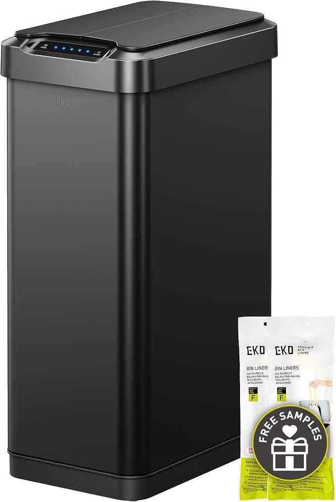 EKO Phantom-T 13.2 Gallon/ 50L Automatic Sensor Kitchen Trash Can, Slim Stainless Steel Touchless Garbage Bin with Soft-Close Dual Wing Lid for Home & Office, Matte Black by EKO