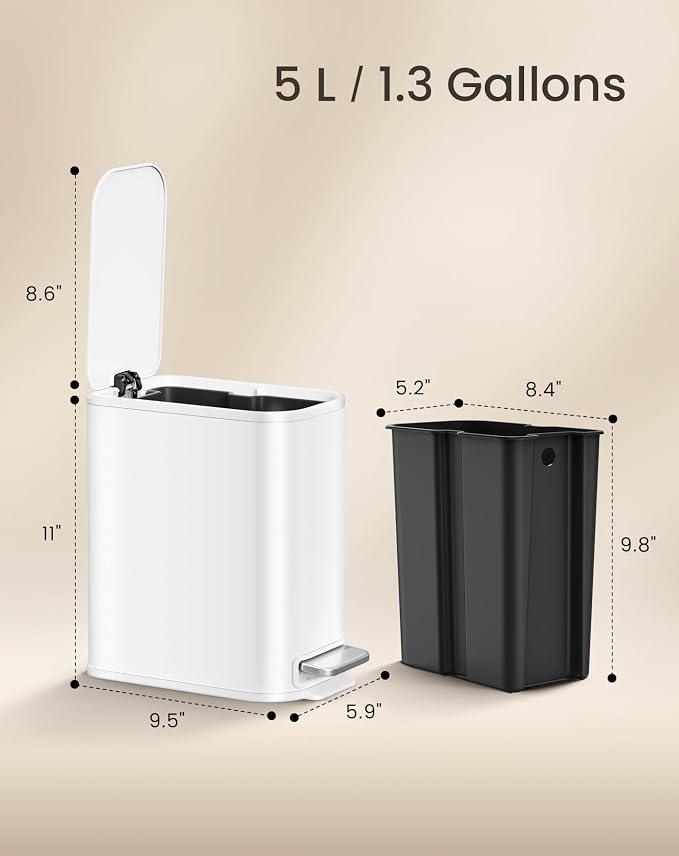 Cesun Small Bathroom Trash Can with Lid Soft Close, Step Pedal, 5 Liter / 1.3 Gallon Stainless Steel Garbage Can with Removable Inner Bucket, Waste Basket for Bathroom, Bedroom (White) - Image 9
