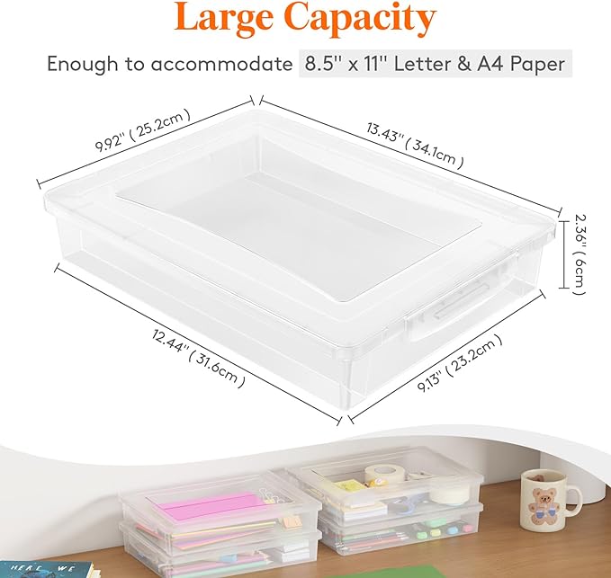 Lifewit 2 Pack Paper Organizer Storage, 32 x 23 cm/12x9 Multi-Purpose Plastic File Box with Latching Lids, Containers for A4, 8.5" x 11" Letter, Scrapbook, Document, Magazine, Art Supplies, Clear - Image 2