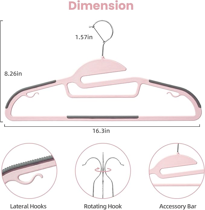 BAGAIL Plastic Hangers 50 Pack with Non-Slip Design,0.2 Inches Thick, 360°Swivel Hook Space Saving Organizer for Bedroom Closet,Shirts,Pants(Pink- S Shaped) - Image 2