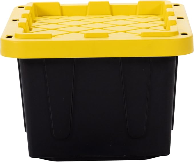 Plastic 5-Gallon Storage Tote with Lockable Lid, Stackable Tough Regular-Duty Bin for Garage, Tools, and Home Organization (2-Pack) - Black and Yellow - Image 8