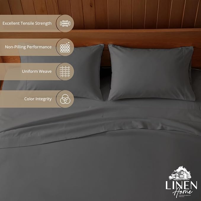 Linen Home 100% Cotton Percale Sheets Queen Size, Smoky Charcoal, Deep Pocket, 4 Pieces Set - 1 Flat, 1 Deep Pocket Fitted Sheet and 2 Pillowcases, Crisp Cool and Strong Bed Linen