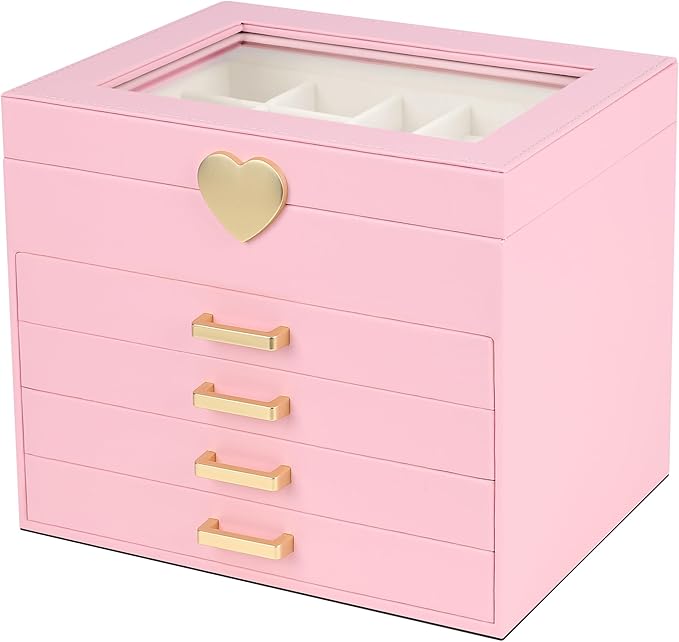 Kendal Jewelry Box, 5-Layer Jewelry Organizer Box with Glass Lid, Pink, Heart Shaped PU Leather, Storage Box for Necklace Earrings Rings Bracelets, Gift Idea for Girls LJC4DRPK by Kendal