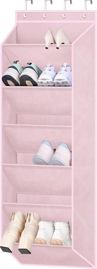 SLEEPING LAMB Over The Door Shoe Rack with Large Deep Pockets, Kids Shoe Organizer for Closet Door, Narrow Hanging Boots Storage, Pink by SLEEPINGLAMB