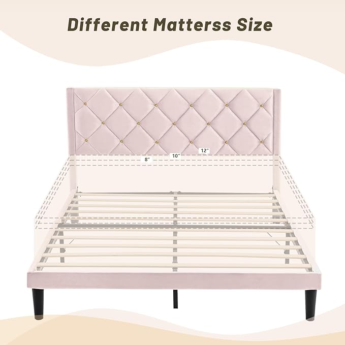 Queen Bed Frame with Headboard, Bed Frame Queen Size with Sturdy Wooden Slats Support, Platform Frame with Velvet Upholstered Headboard, Mattress Foundation, Easy Assembly, No Box Spring Needed Pink