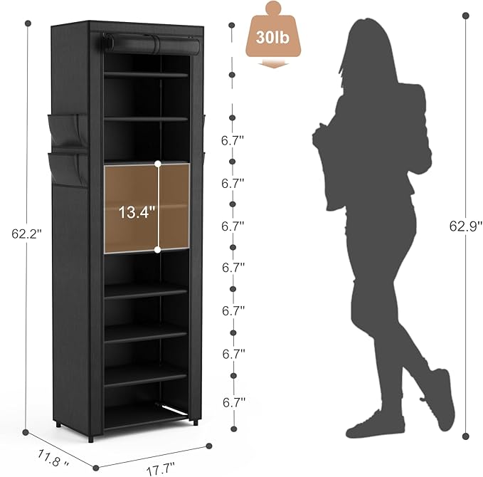 VILICK Shoe Rack with Cover Narrow Shoe Organizer with 4 Side Pockets 10 Tier Tall Shoe Storage Holds 18-22 Pairs Shoes and Boots Shoe Rack for Closet Entryway Garage - Image 3