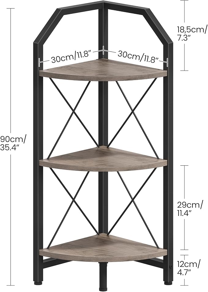 CHOEZON 3-Tier Corner Shelf, Industrial Corner Bookshelf, 35.4" Storage Stand, Plant Stand Display Shelf, Bookcase for Bedroom, Living Room, Home Office, Greige and Black TCJ03BG - Image 2
