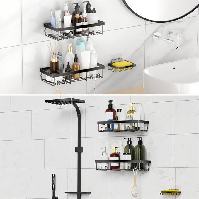Moforoco 3-Pack Shower Caddy Basket Shelf with Soap Holder, No Drilling Traceless Adhesive Shower Wall Shelves, Rustproof Black Bathroom Shower Storage Organizer - Image 8