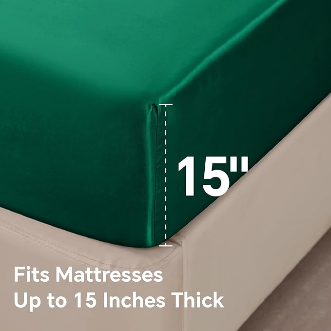BEDELITE Satin Sheets Full Size Bed Set, Luxury Soft Dark Green Silky Sheets for Hair and Skin, Similar to Silk Bed Sheets Set 4 Pieces with 1 Deep Pocket Fitted Sheet, 1 Flat Sheet, and 2 Pillowcases