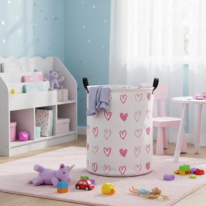 Baby Laundry Hamper kids laundry Basket Waterproof Laundry Bag for Bedroom Toy Clothes Organizer Room Décor(Pink Heart) - Image 3