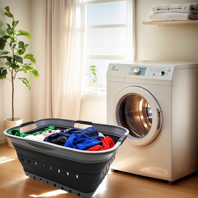 SAMMART 42L Collapsible Plastic Laundry Basket - Foldable Pop Up Storage Container/Organizer - Space Saving Hamper/Basket (1, Grey/Black) - Image 2