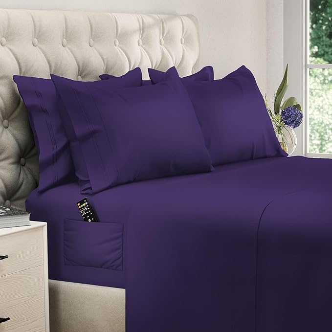 DREAMCARE Full Size Sheets - 6 pcs Breathable Cooling Bed Sheets - up to 15" Deep Pocket Full Size Bed Sheets wth Side Pockets - Extra Soft 100% Brushed Hypoallergenic Hotel Luxury Bedding - Purple