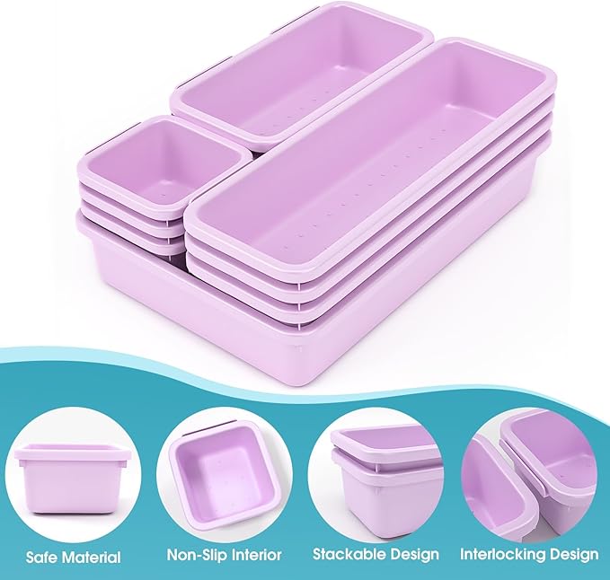10 PCS Drawer Organizer Set, 4 Size Makeup Drawer Divider Organizer With Non-Slip Pads, Interlocking Plastic Storage Bins for Office,Jewelry Vanity,Gadgets, Bathroom,Kitchen, Purple - Image 3