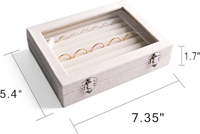 Frebeauty Rings/Earring Organizer Tray with Clear Lid,7 Slots Ring Box Velvet Ring Holder Drawer Insert Jewelry Storage Box Jewelry Display Case Jewelry Box Gift for Women and Girls(Beige,7 Slots) - Image 3