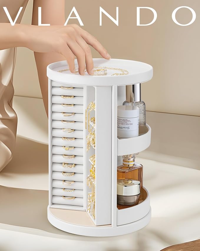 VLANDO 360°Rotating Jewelry Box,Earring Organizer Large Vertical Jewelry Organizer with 6 Necklace Hooks, Open Ring Display Storage for Women -White - Image 2