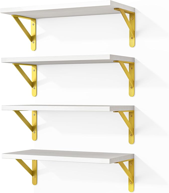 Fixwal White Shelves, Wood Wall Floating Mounted Shelves for Bedroom, Bathroom, Living Room, Kitchen Storage and Decor(White, Set of 4, 16.5 Inch) by Fixwal