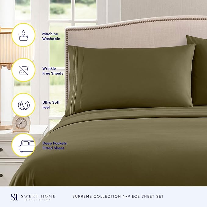 Twin Sheets - Breathable Luxury Sheets with Full Elastic & Secure Corner Straps Built In - 1800 Supreme Collection Extra Soft Deep Pocket Bedding Set, Sheet Set, Twin, Olive
