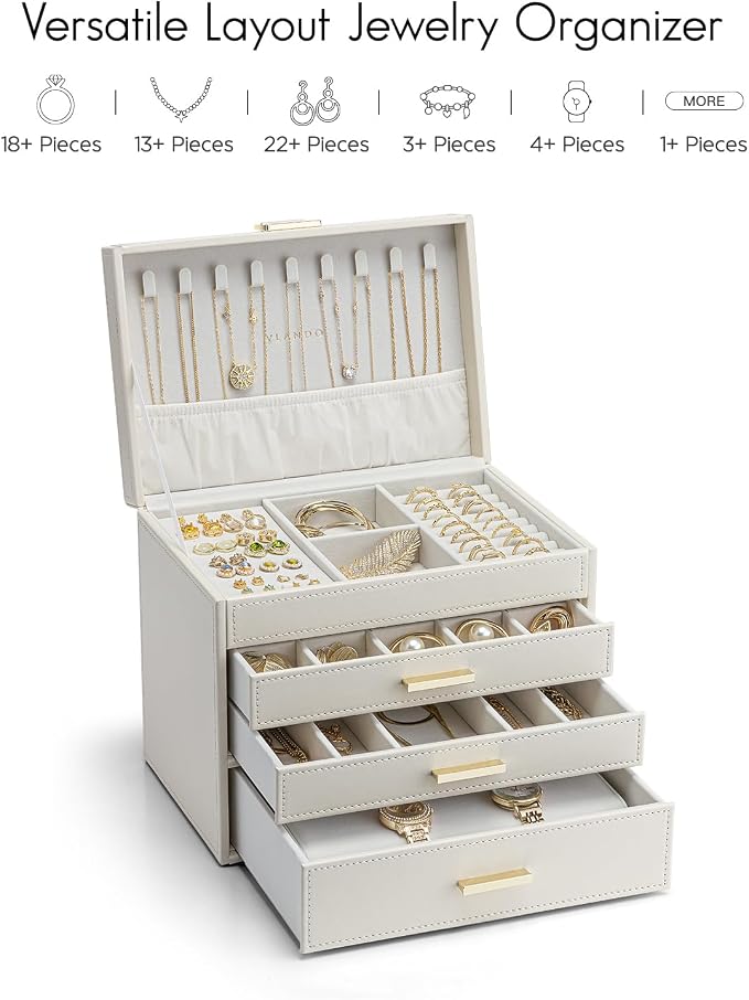 VLANDO 4 Layer Large Jewelry Box - Jewelry Holder Organizer, Jewelry Box Organizer for Drawer Necklace Ring Bracelet and Watch, Birthday Gift for Loved Ones - Beige - Image 6