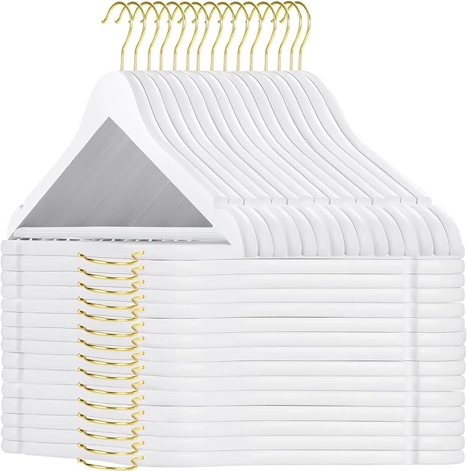 TOPIA HANGER Wooden Hangers 30 Pack, White Wood Coat Hanger with 360° Swivel Gold Hook, Non Slip Pants Bar and Shoulder Notches for Camisole, Jacket, Pants, Smooth Finish Clothes Hangers -CT34WG30 by TOPIAHANGER