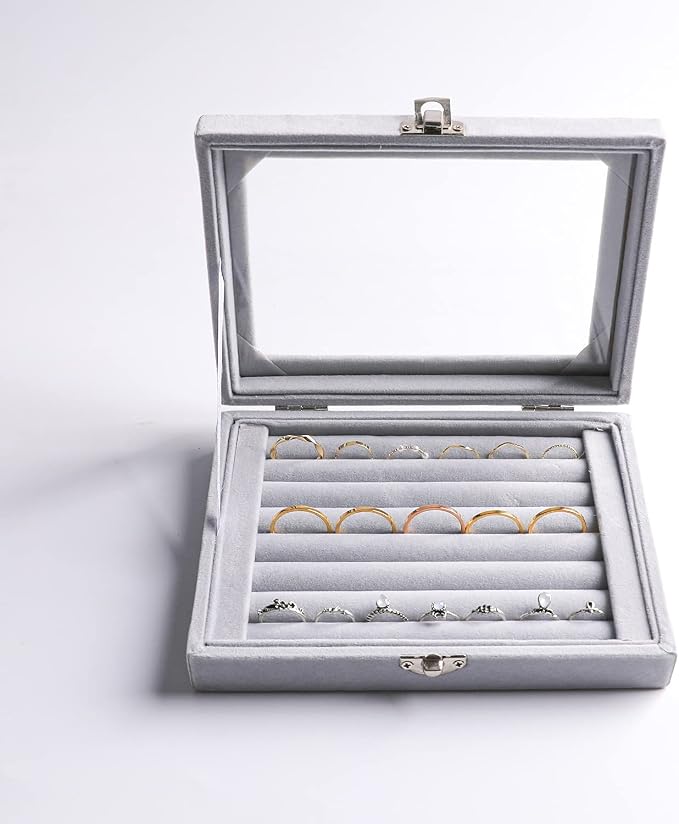 Frebeauty Rings/Earring Organizer Tray with Clear Lid,7 Slots Ring Box Velvet Ring Holder Drawer Insert Jewelry Storage Box Jewelry Display Case Jewelry Box Gift for Women and Girls(Grey,7 Slots) - Image 2