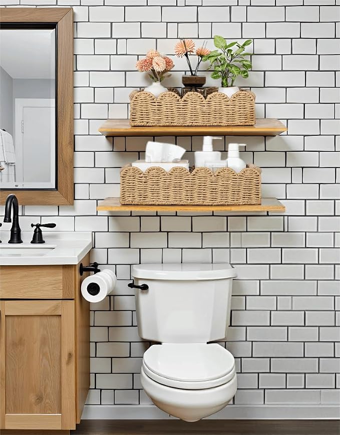 CubesLand Toilet Paper Storage Basket, Scalloped Edge Shelves Basket for Organizing for Over Toilet Tank Storage, Home Decor Baskets for Shelf, Countertop, Living Room, Bedroom, Handwoven, Beige - Image 2