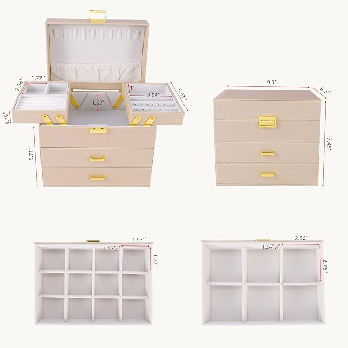 Dajasan Jewelry Organizer Box, Jewelry Holder Organizer Box, PU Leather Jewelry Box, Gift Idea for Valentine's Day, Birthday, Mother's Day, Christmas (Champagne) - Image 3