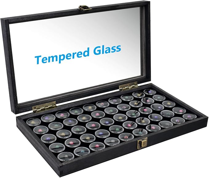 MOOCA Glass Top Black Jewelry Display Case Box 50 Gem Jars, Ring Box, Jewelry Organizer, Jewelry storage Black Tray with Gem Jar, 15" W x 8.5" D x 2" H - Image 3