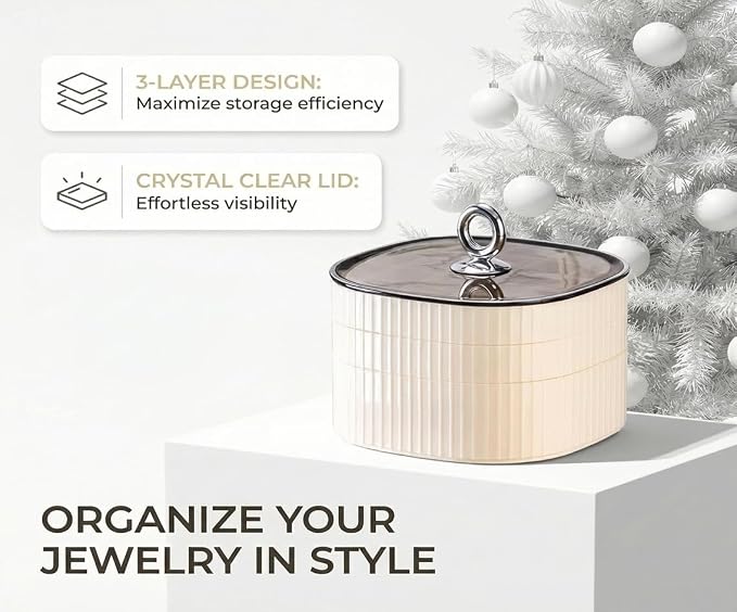 HALAFE Jewelry Box, 3-Layer Acrylic Jewelry Organizer with Handle, Clear Jewelry Boxes for Women Girls, Make up Organizer, Jewelry Storage Holder (Cream) - Image 3