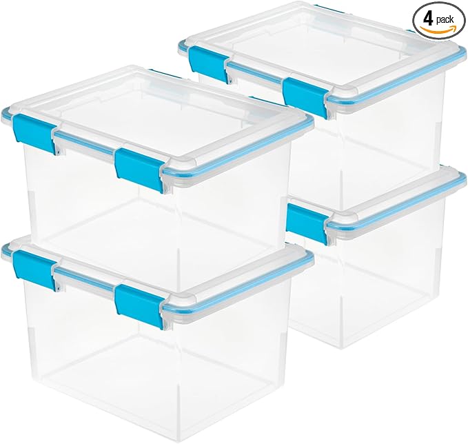 Sterilite 4-Pack Gasket Box, Weather-Resistant Storage Bins with Latching Lids, 32 Quart - Heavy-Duty Organizing Containers for Closet, Bathroom, and Office
