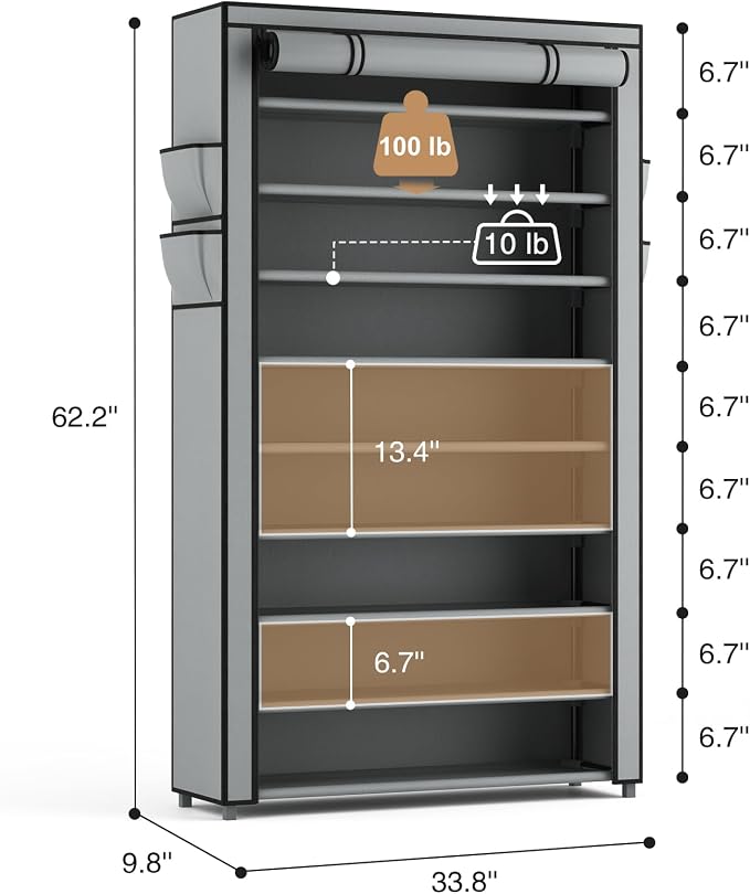 LANTEFUL Shoe Rack with Covers 10 Tier Tall Shoe Rack Organizer Large Capacity Shoe Shelf Storage 40 Pairs Space Saving Free Standing Shoe Storage Organizer for Closet, Entryway, Dorm, Grey - Image 3