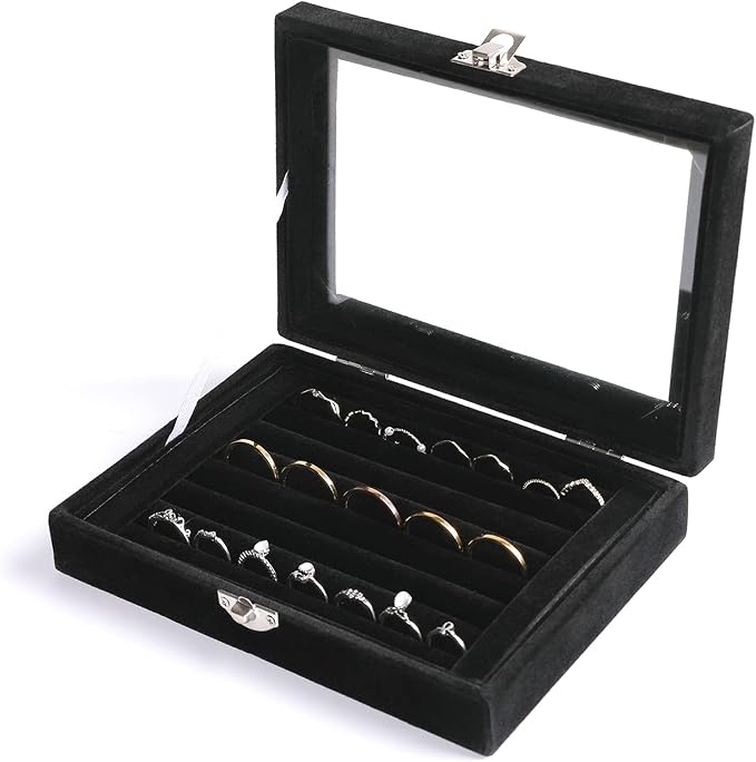 Frebeauty Rings/Earring Organizer Tray with Clear Lid,7 Slots Ring Box Velvet Ring Holder Drawer Insert Jewelry Storage Box Jewelry Display Case Jewelry Box Gift for Women and Girls(Black,7 Slots) by Frebeauty