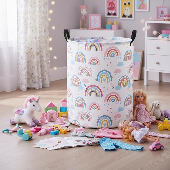 Baby Laundry Basket Baby Nursery Hamper Kids Laundry Basket Toy Storage Bin for Boys Room Decor Gift Baskets for Bedroom Bathroom(Blue Rainbow) - Image 6