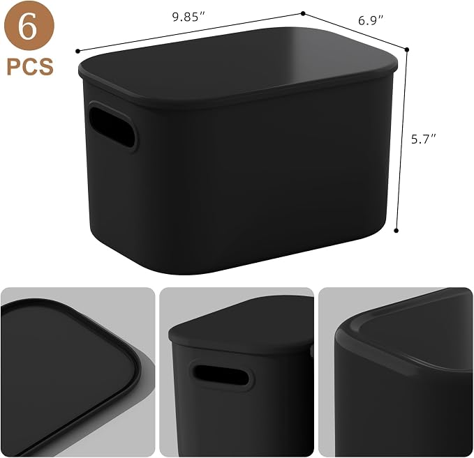 ORGIDOL 6 Pack Black Storage Bins with Lids Stackable Storage Container for Organizing, Black Storage Boxes with Handle for Shelves, Cute Organizer Bins for Craft, Snacks, 9.85x6.9x5.7 inch - Image 5
