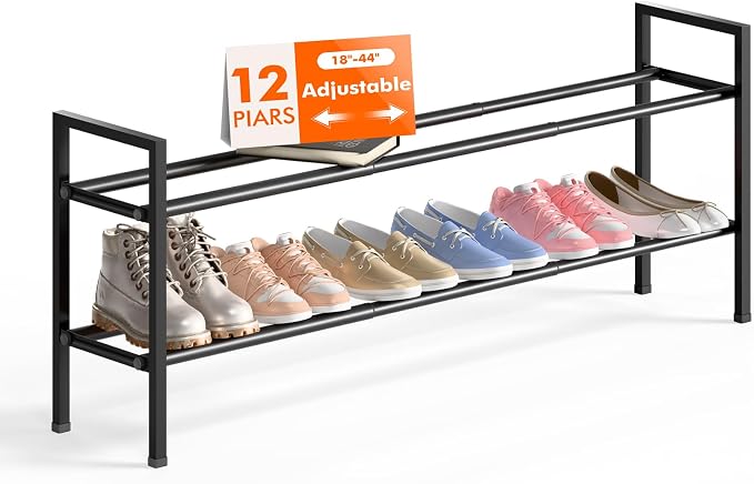 Bumusty 2-Tier Long Expandable Shoe Rack for Closet, 18"-44" Adjustable Shoe Rack for Entryway, 10-12 Pairs Large Shoe Organizer Shelf Storage, Sturdy Metal, Black by BUMUSTY