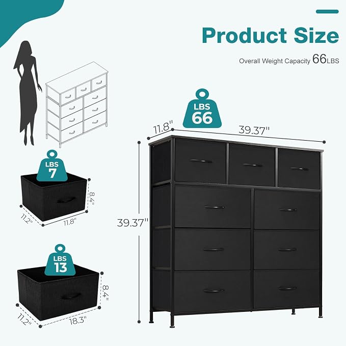OLIXIS 9 Drawers Storage Organizers Units, Closet Organizers and Storage for Clothes, Fabric Storage Drawer for Living Room, Chest of Dresser in 39.4" D x 11.8" W x 39.9" H, Black - Image 3