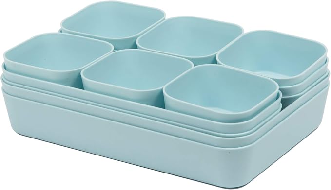 Backerysupply Set Of 12 Blue Color Plastic Desk Drawer Organizers For Makeup Bathroom Office Kitchen Vanity Drawer Storage Box Container - Image 7
