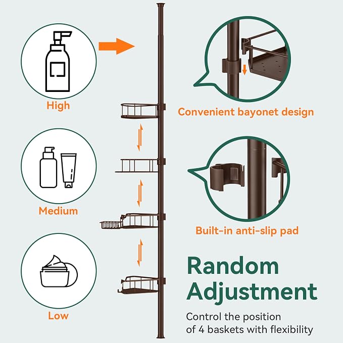 Corner Shower Caddy Tension Pole, 4 Tier Rustproof Shower Tension Rod Organizer, Adjustable 25-125 Inch Bathroom Shower Organizer Shelves for Bathtub Shampoo Storage, Brown - Image 5