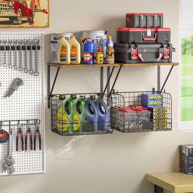 ThreeHio 2 Pack Garage Shelves Wall Mounted with Wire Storage baskets, Heavy Duty Garage Wall Shelving with Hooks, Wooden floating shelves Tool Organizer for Home Garden Garage Organizers and Storage - Image 4