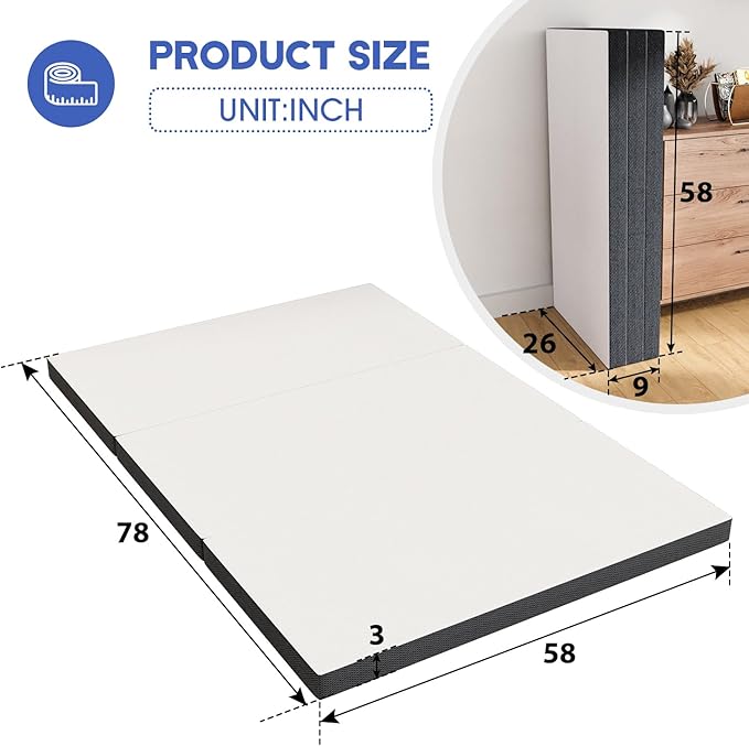 PayLessHere 3 inch Memory Foam Tri Folding Mattress/Portable Foldable Mattress Topper with Washable Cover Non-Slip Bottom for Camping, Guest, Floor RV, CertiPUR-US Certified,Queen