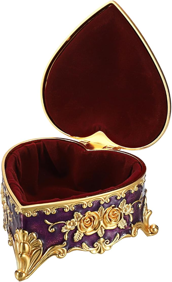 Hipiwe Decorative Jewelry Box Purple Vintage Jewelry Storage Case with Rose Pattern Heart Shaped Treasure Chest Box for Earrings Ring Necklace Keepsake Organizer - Image 9