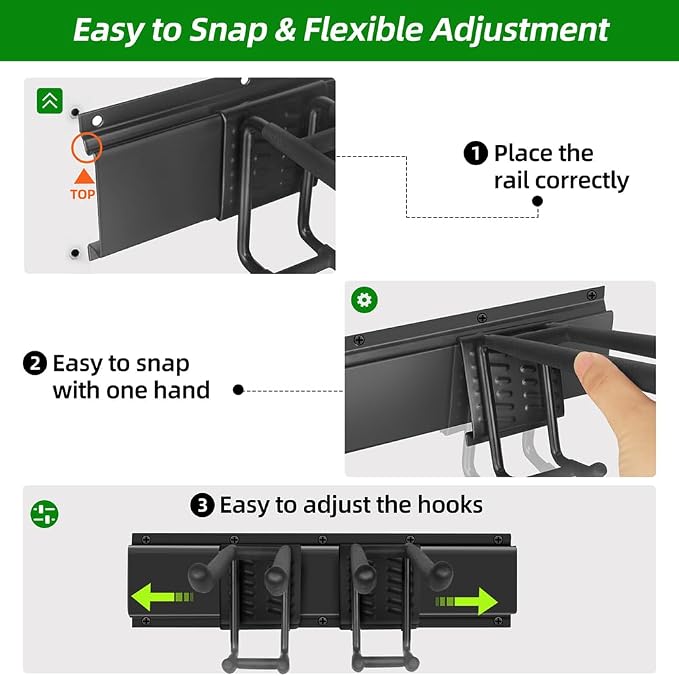 PIYILO Garage Tool Organizer Wall Mount with 48 inches Rails and 6 Double-layer Hooks, Garden Tool Rack Heavy Duty, Garage Hanging Storage Rack For Yard Tools, Shovel, Shed - Image 5