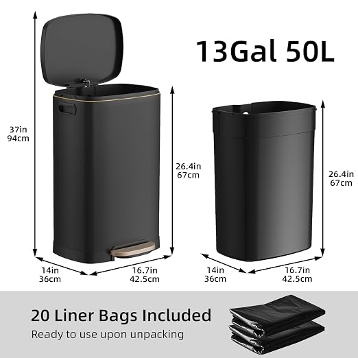KUK 13 Gallon Kitchen Trash Can with Lid, 50L/13Gal Office Step Garbage Can for Home, Kitchen, Laundry Room, Office, Brushed Stainless Steel, Black - Image 7