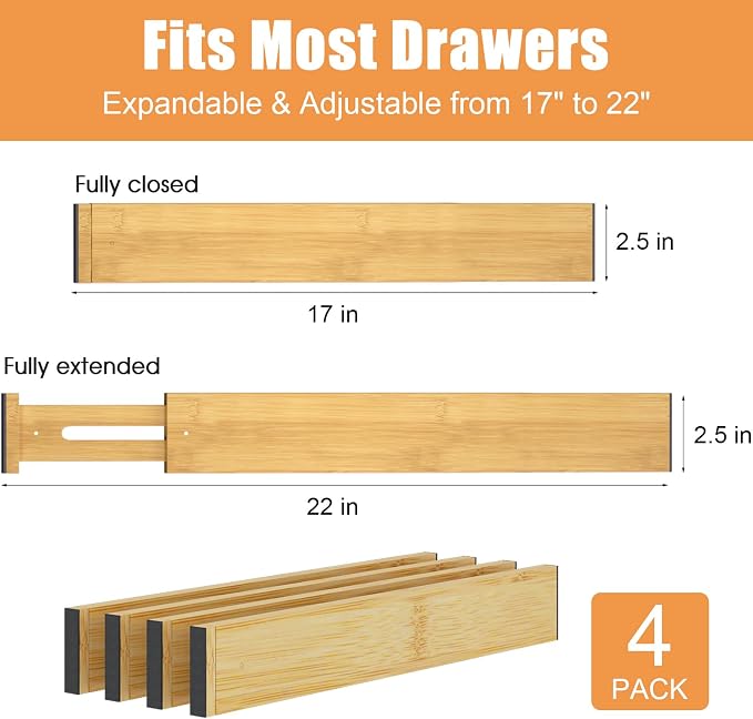 Bamboo Drawer Dividers,17-22" Adjustable Kitchen Drawer Organizer for Clothes,4 Pack Expandable Drawer Organization Separators for Bedroom,Bathroom,Dresser and Office,Natural - Image 3