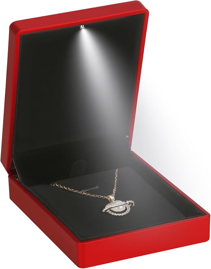 LED Light Pendant Necklace Gift Box, Velvet Jewelry Storage Display Case for Proposal Engagement Wedding Anniversary Birthday Valentine's Day (Red) by LETURE