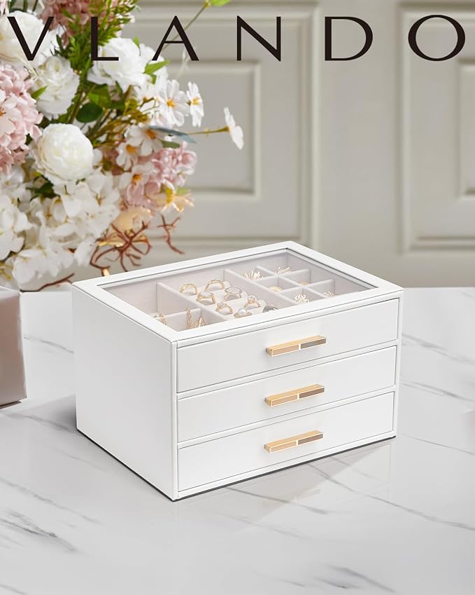 Vlando Jewelry Box for Women, Glass Lid Jewelry Organizer with 3 Drawers for Necklaces Rings Earrings Bracelets Christmas Gift - White - Image 2